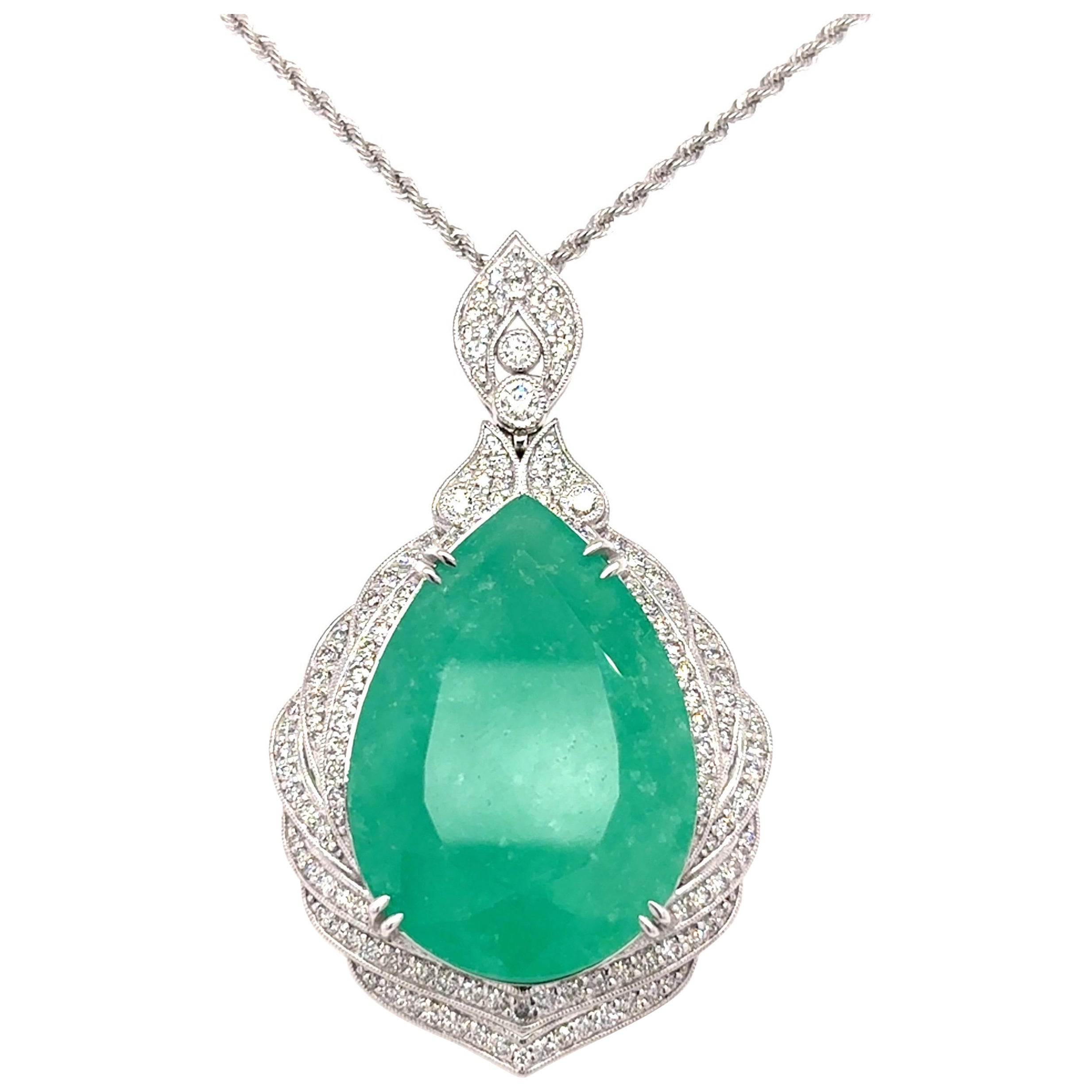 GIA Certified 44.78 Carat Pear Cut Columbian Emerald Diamond Pendant Necklace