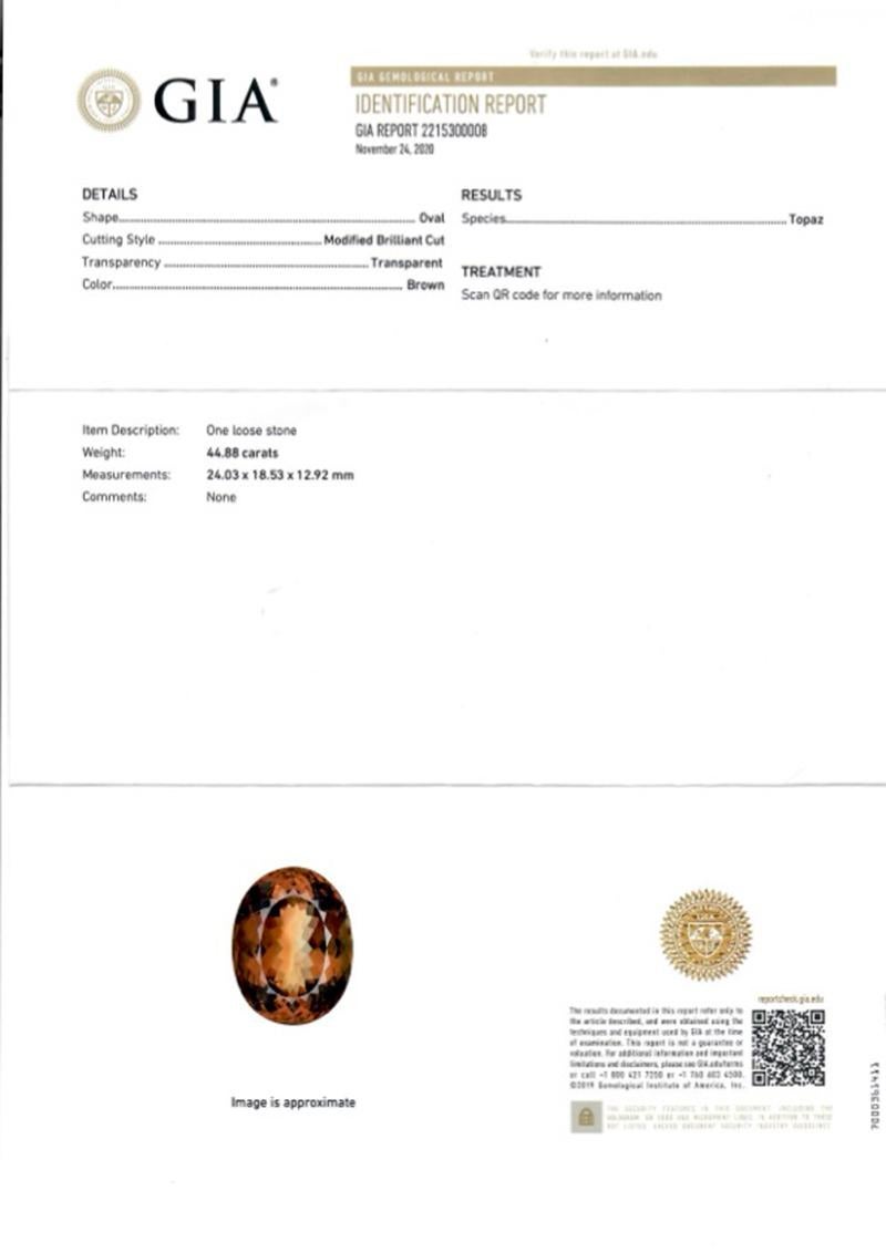 da uomo o donna GIA Certified 44.88 Carat Oval Cut Brown Topaz in vendita
