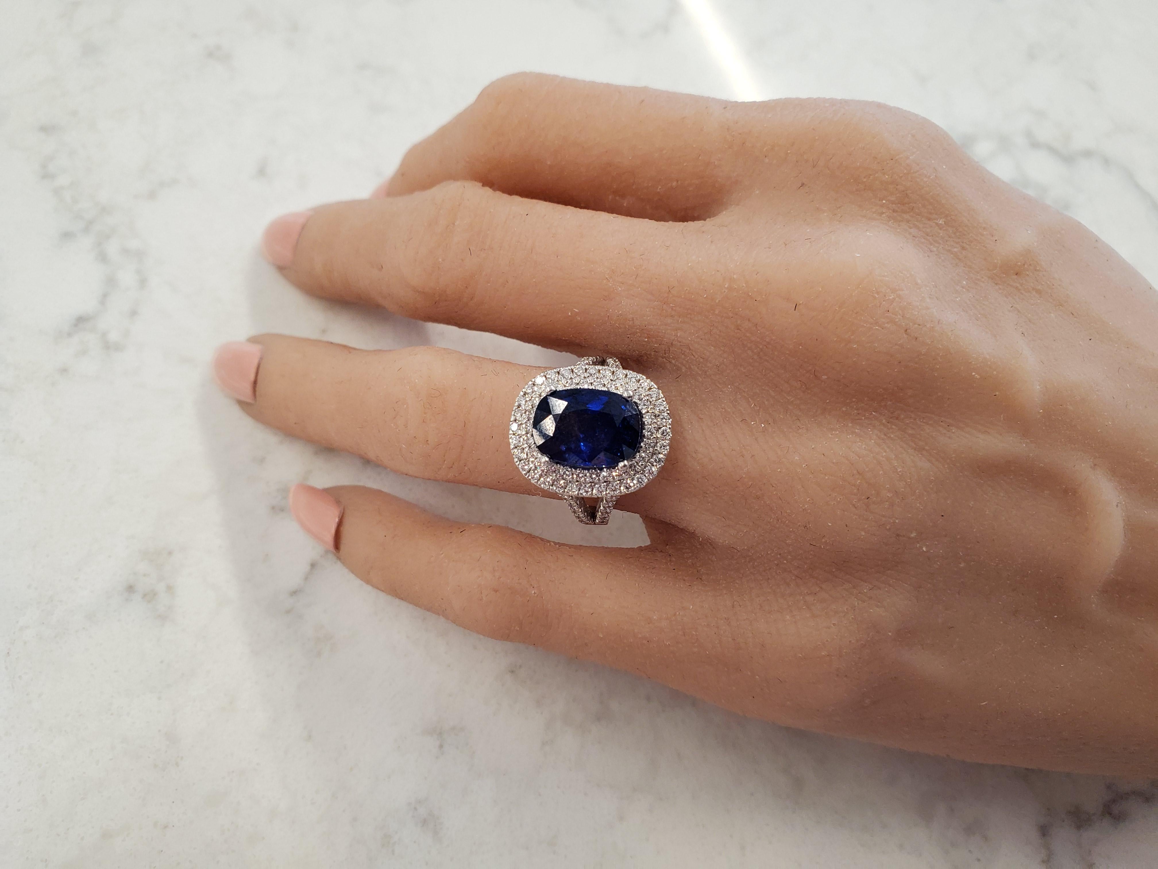 GIA Certified 4.49 Carat Cushion Cut Blue Sapphire and Diamond Cocktail Ring 1
