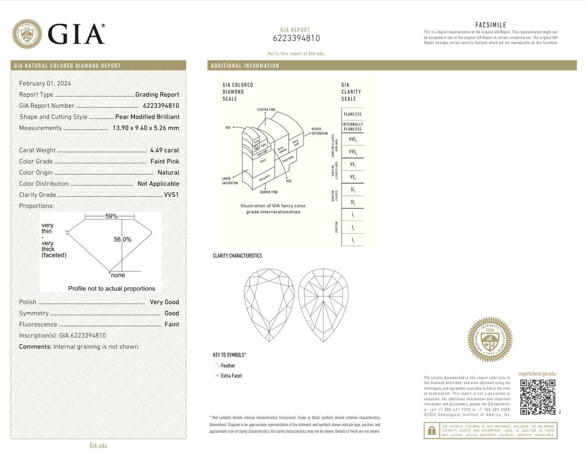 GIA Certified 4.49 Carat Faint Pink VVS1 Clarity Diamond For Sale 1