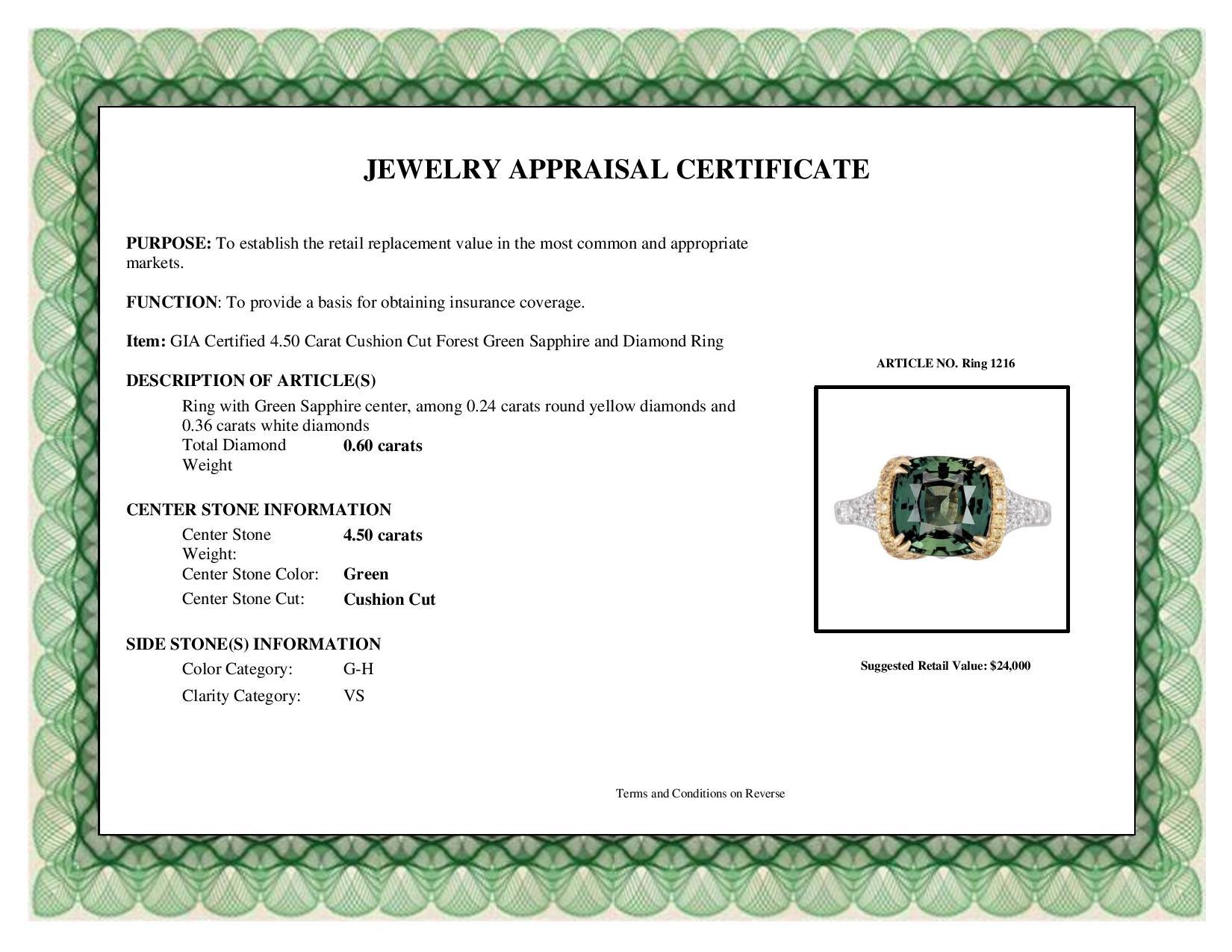 DiamondTown GIA Certified 4.50 Carat Cushion Cut Forest Green Sapphire Ring 2