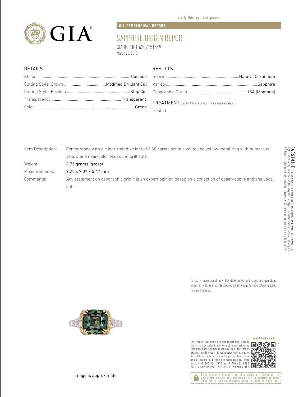 GIA Certified 4.50 Carat Cushion Cut Forest Green Sapphire Ring in 18W/Y ref1216 For Sale 3