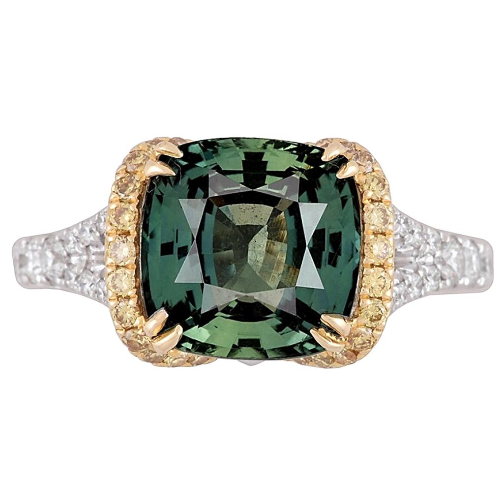 GIA Certified 4.50 Carat Cushion Cut Forest Green Sapphire Ring in 18W/Y ref1216 For Sale