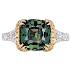 Used GIA Certified 4.50 Carat Cushion Cut Forest Green Sapphire Ring in 18W/Y ref1216