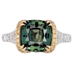 Bague en saphir vert forêt taille coussin de 4,50 carats certifié GIA, 18W/Y ref1216