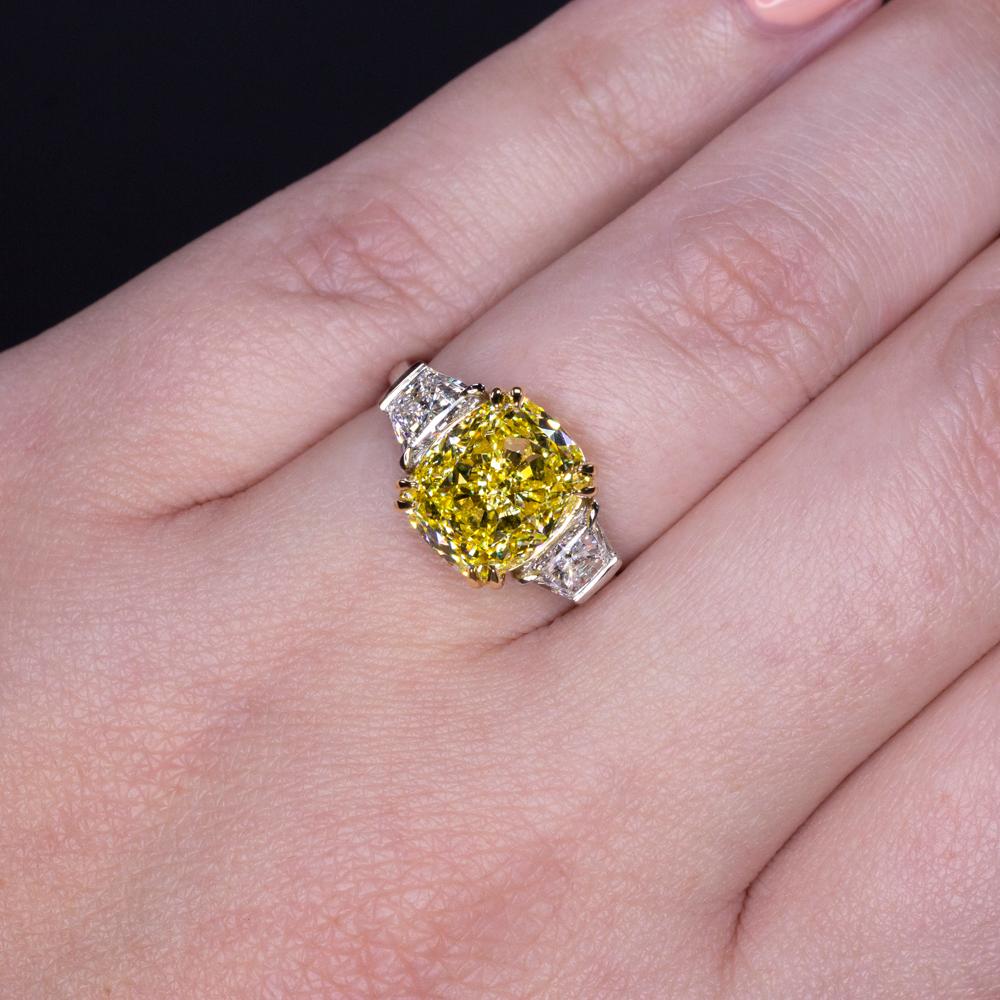 Modern GIA Certified 3.50 Carat Fancy Vivid Yellow Cushion Diamond Platinum Ring