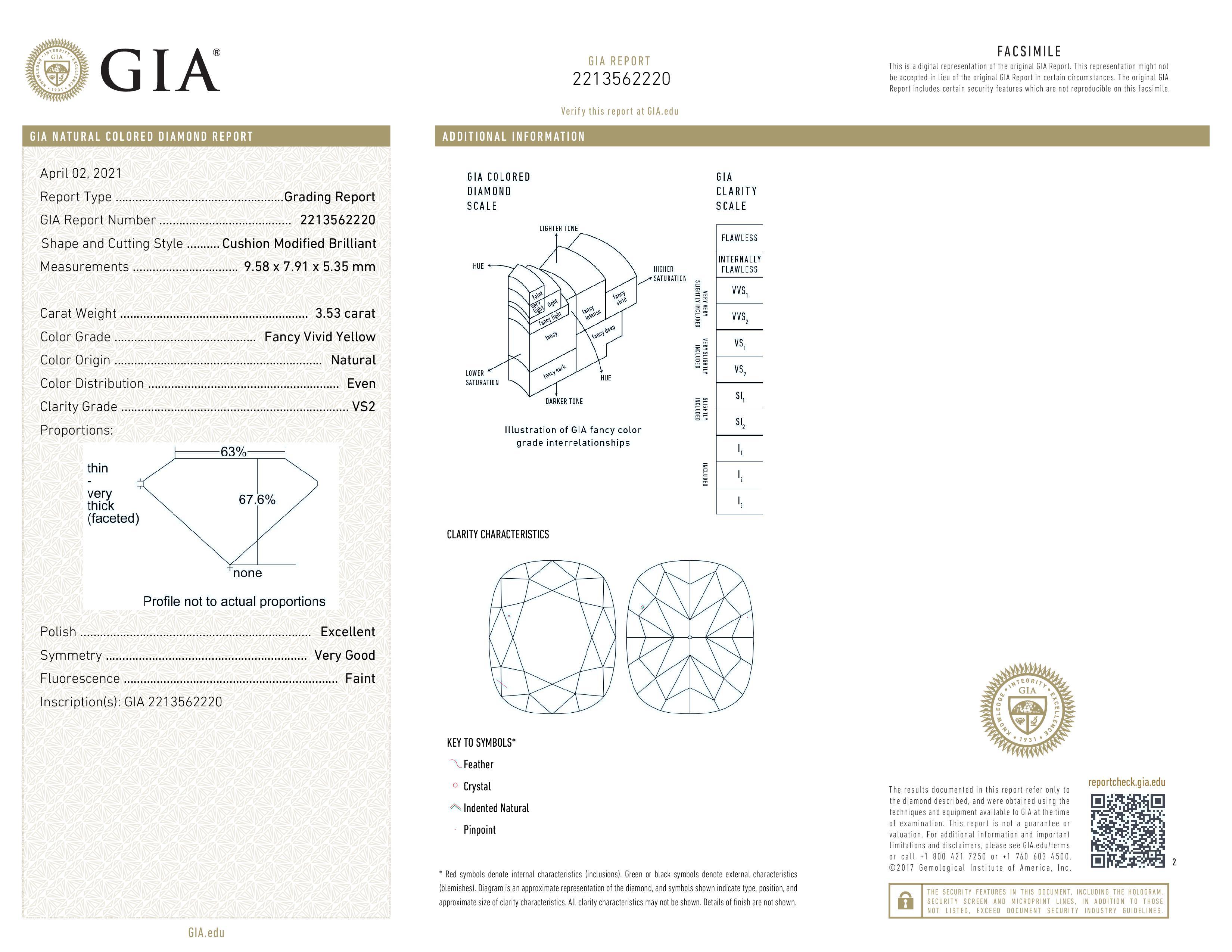 GIA Certified 3.50 Carat Fancy Vivid Yellow Cushion Diamond Platinum Ring In New Condition In Rome, IT