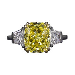 GIA Certified 3.50 Carat Fancy Vivid Yellow Cushion Diamond Platinum Ring