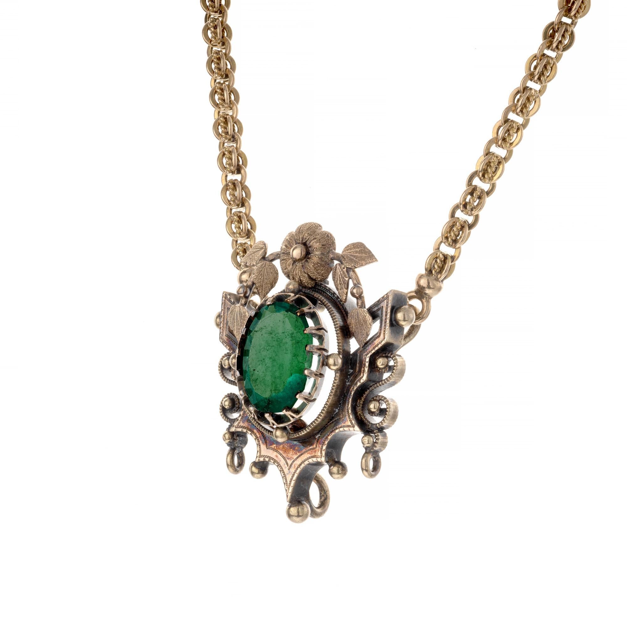 Oval Cut GIA Certified 4.50 Carat Oval Emerald Victorian Gold Pendant Necklace  For Sale
