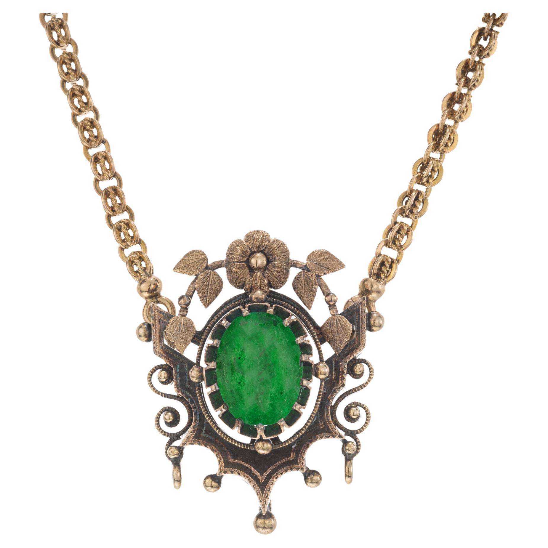 GIA Certified 4.50 Carat Oval Emerald Victorian Gold Pendant Necklace  For Sale