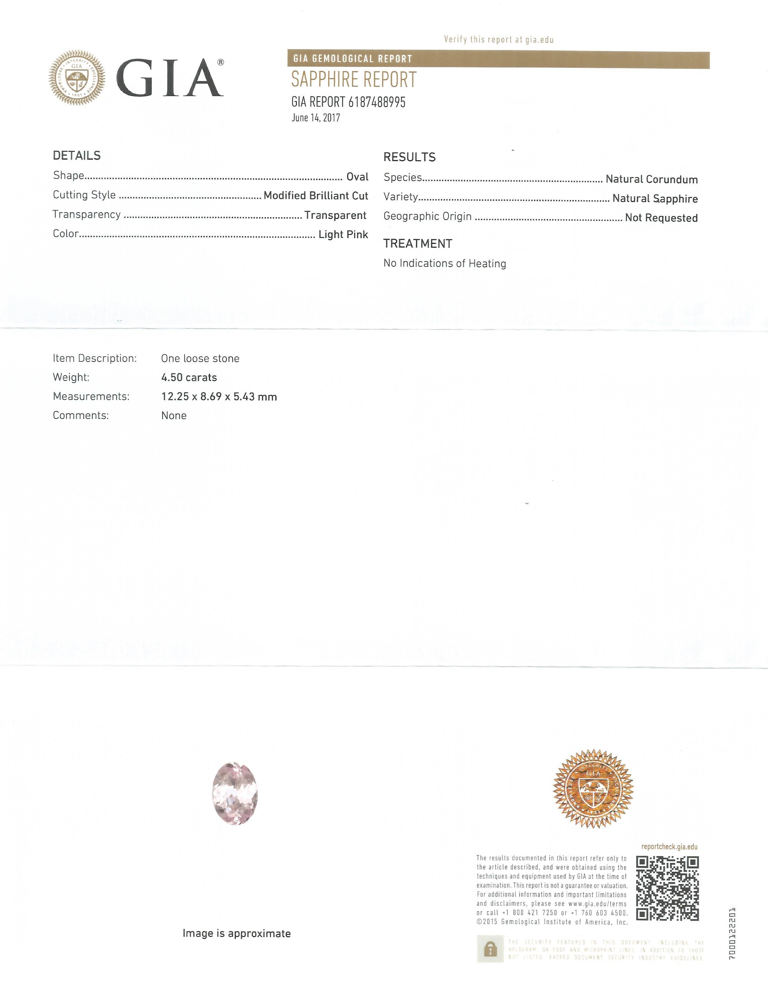 Im Angebot: GIA-zertifizierter Verlobungsring mit 4,50 Karat ovalem natürlichem rosa Saphir und Diamant () 5