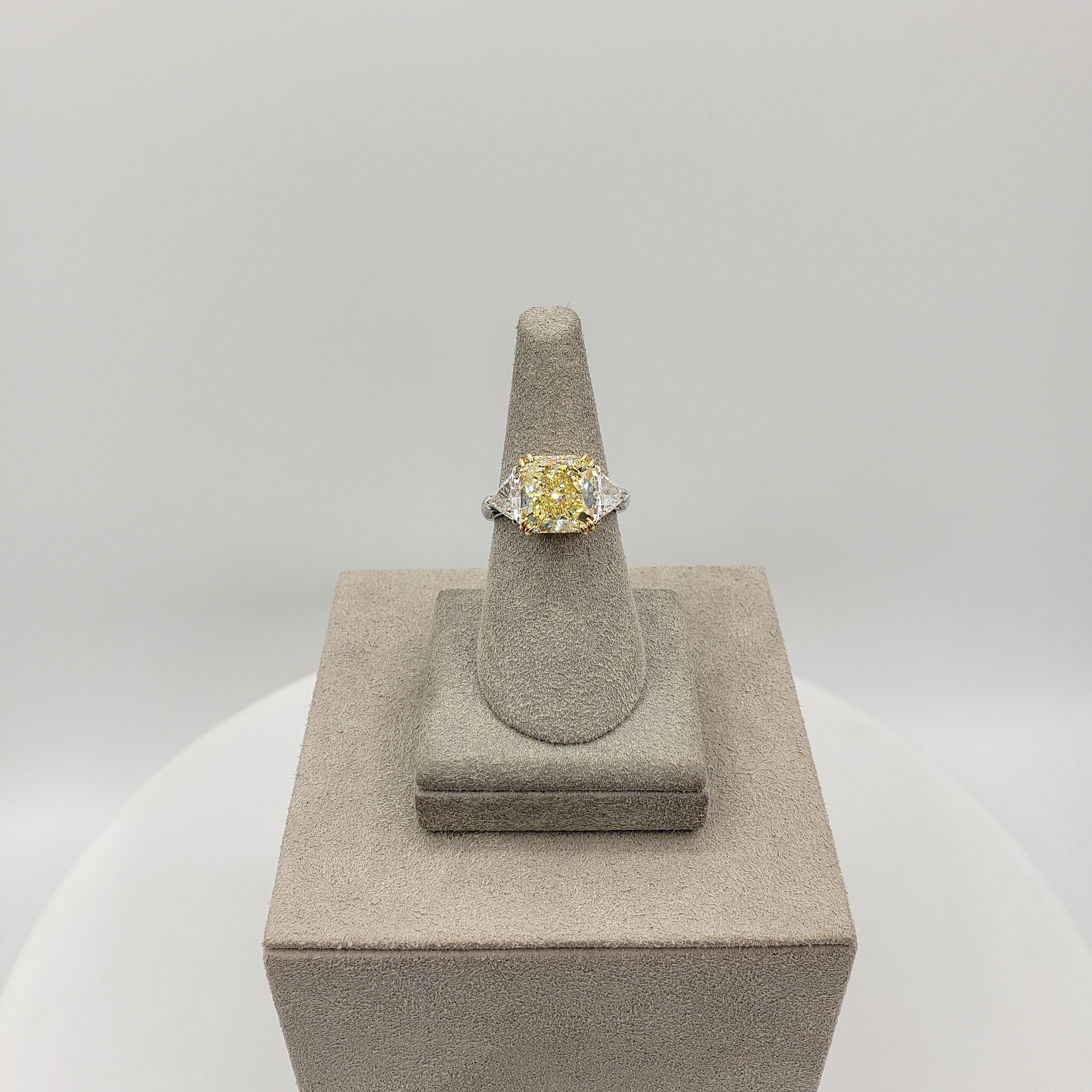 Roman Malakov 4.50 Carat Radiant Cut Yellow Diamond Three-Stone Engagement Ring For Sale 1