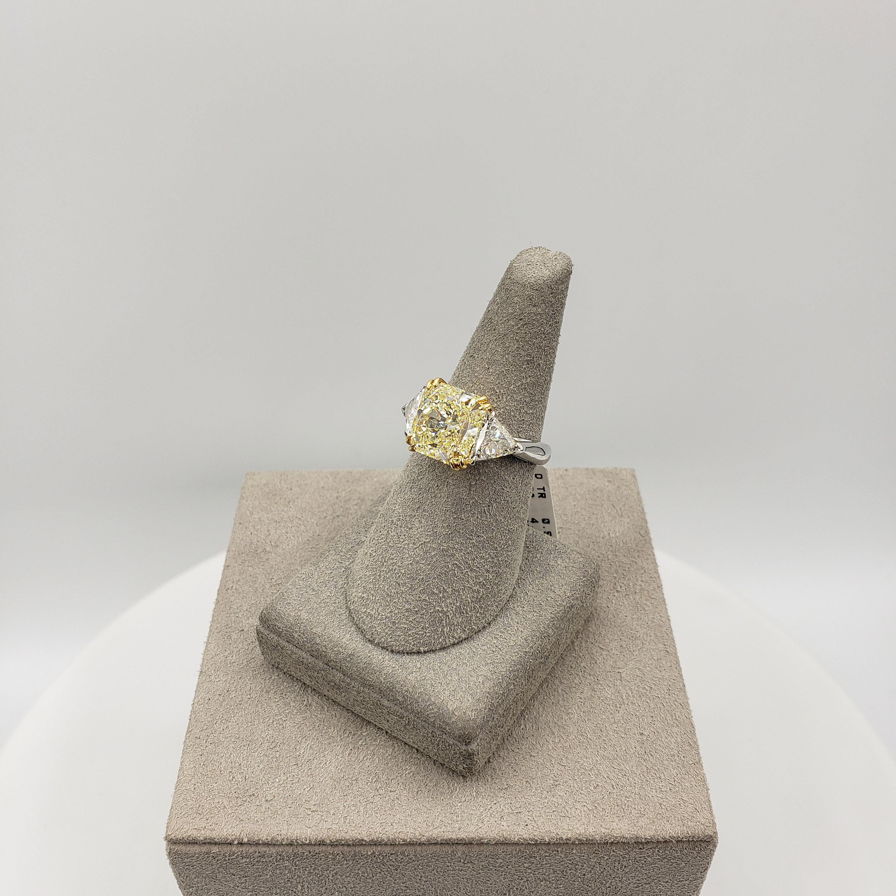 Roman Malakov 4.50 Carat Radiant Cut Yellow Diamond Three-Stone Engagement Ring For Sale 2