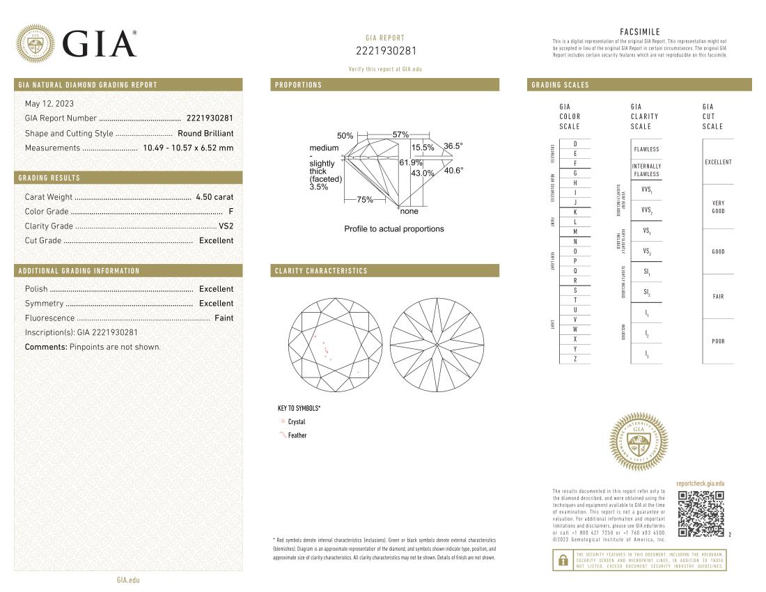 Platinring mit GIA-zertifiziertem 4.50 Karat rundem Diamanten im Dreifachschliff im Zustand „Neu“ im Angebot in Rome, IT