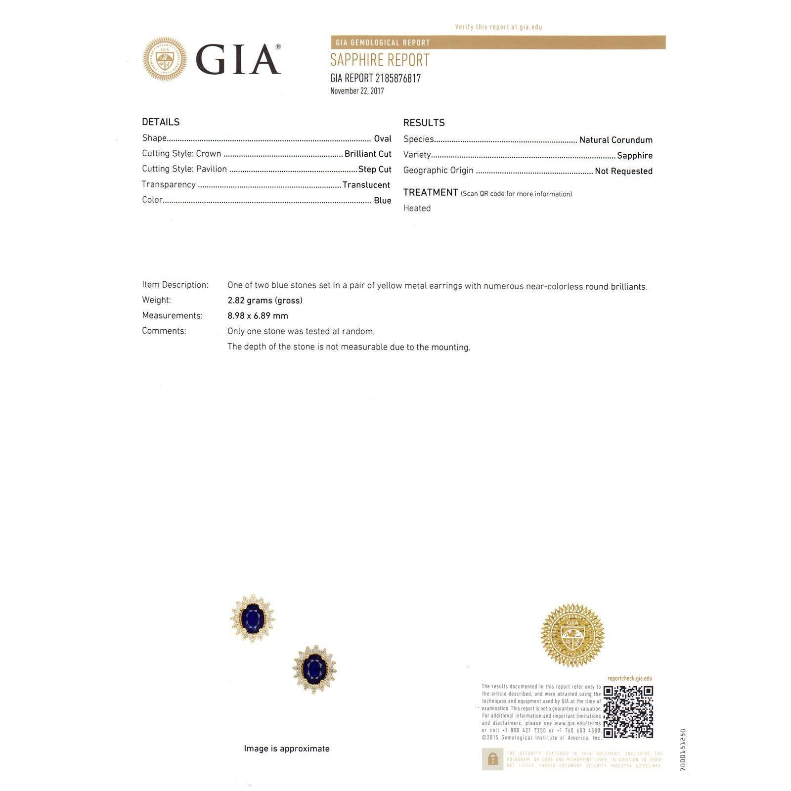 GIA Certified 4.50 Oval Sapphire Diamond Halo Gold Stud Earrings For Sale 1