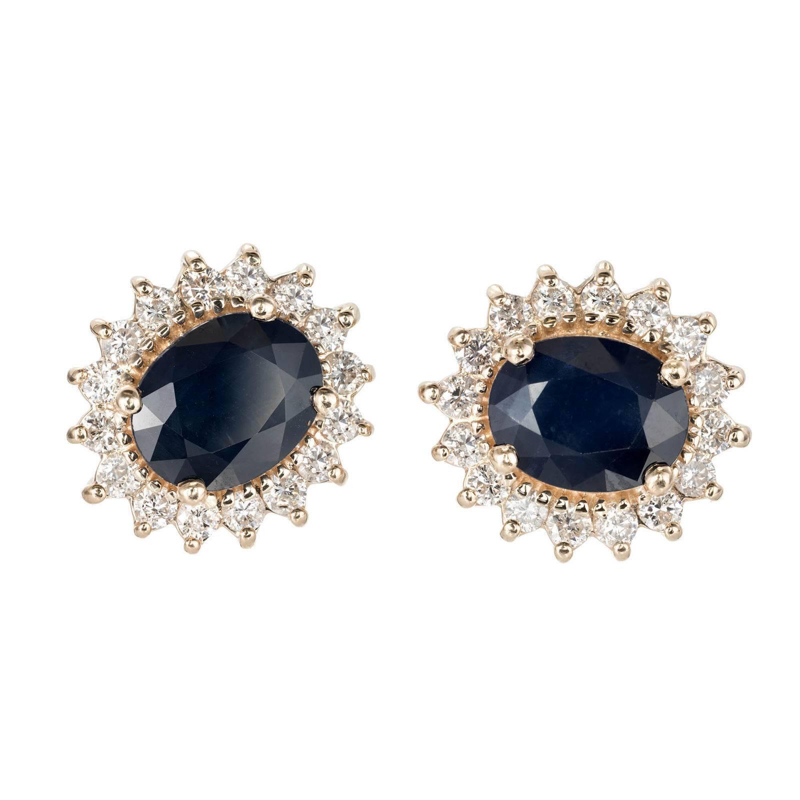 GIA Certified 4.50 Oval Sapphire Diamond Halo Gold Stud Earrings For Sale
