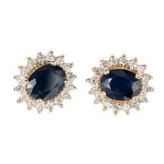 GIA Certified 4.50 Oval Sapphire Diamond Halo Gold Stud Earrings