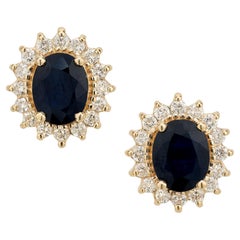 GIA Certified 4.50 Oval Sapphire Diamond Halo Gold Stud Earrings