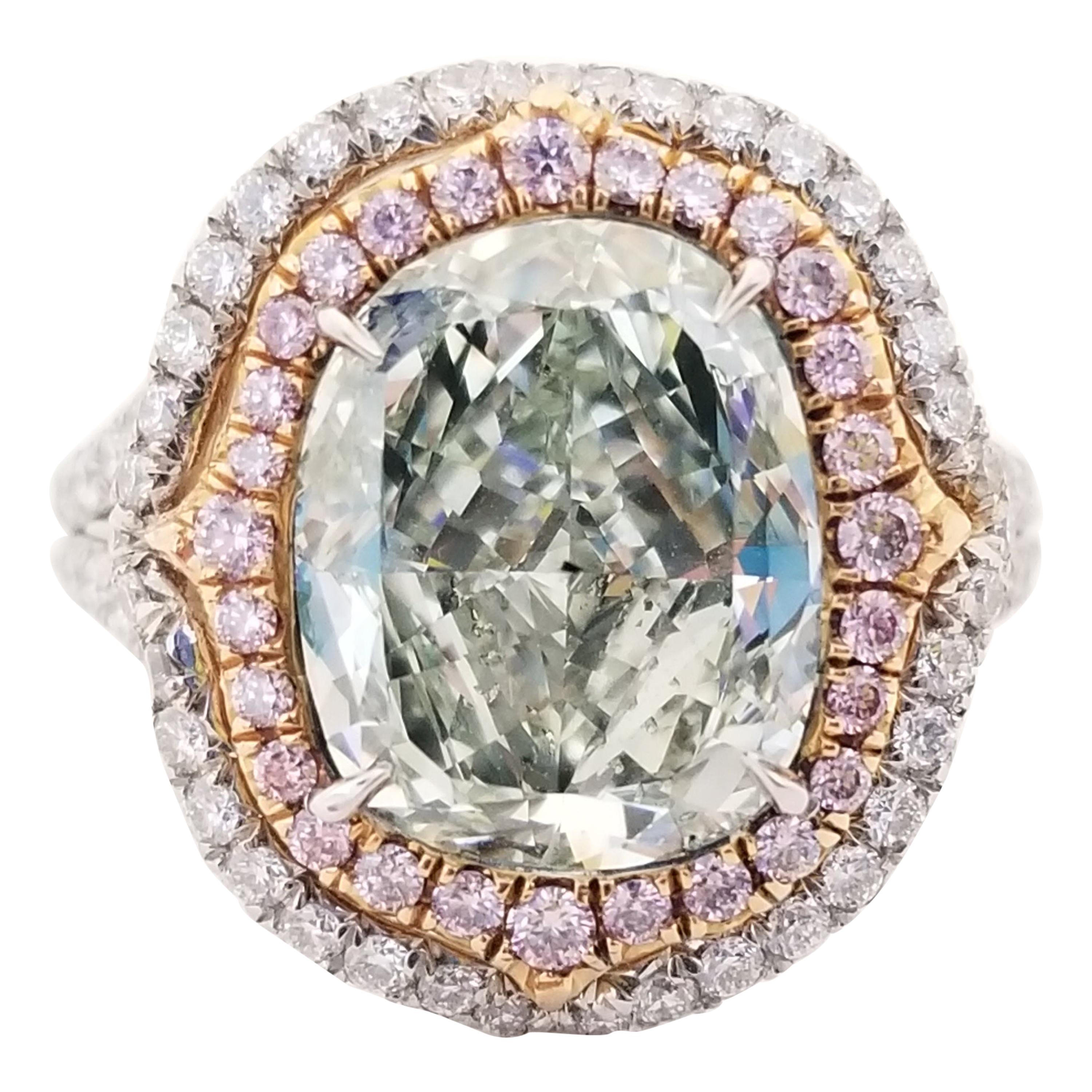 GIA Certified 4.51 Carat Fancy Yellowish Green Cushion Cut Diamond Ring