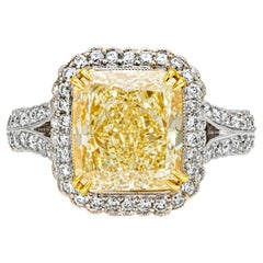 GIA Certified 4.51 Carats Radiant Cut Fancy Yellow Diamond Halo Engagement Ring 