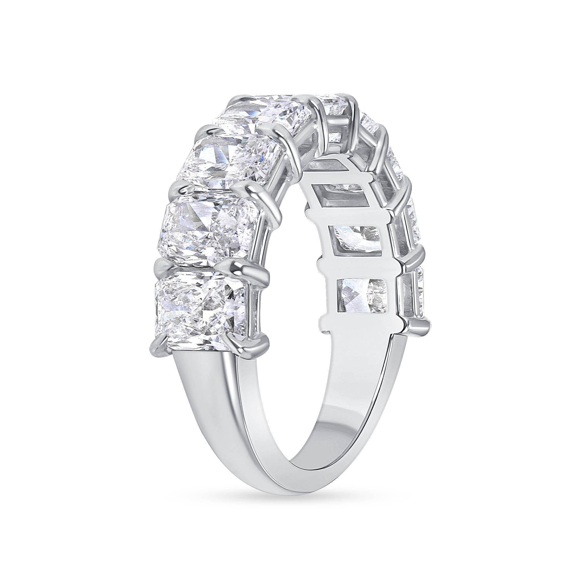 Radiant Cut Diamond Half Eternity Band set in Platinum. This half eternity band has nine radiant cut diamonds in GIA certified  D-F color, VVS to VS1 clarity with 4.51 carats total weight.
