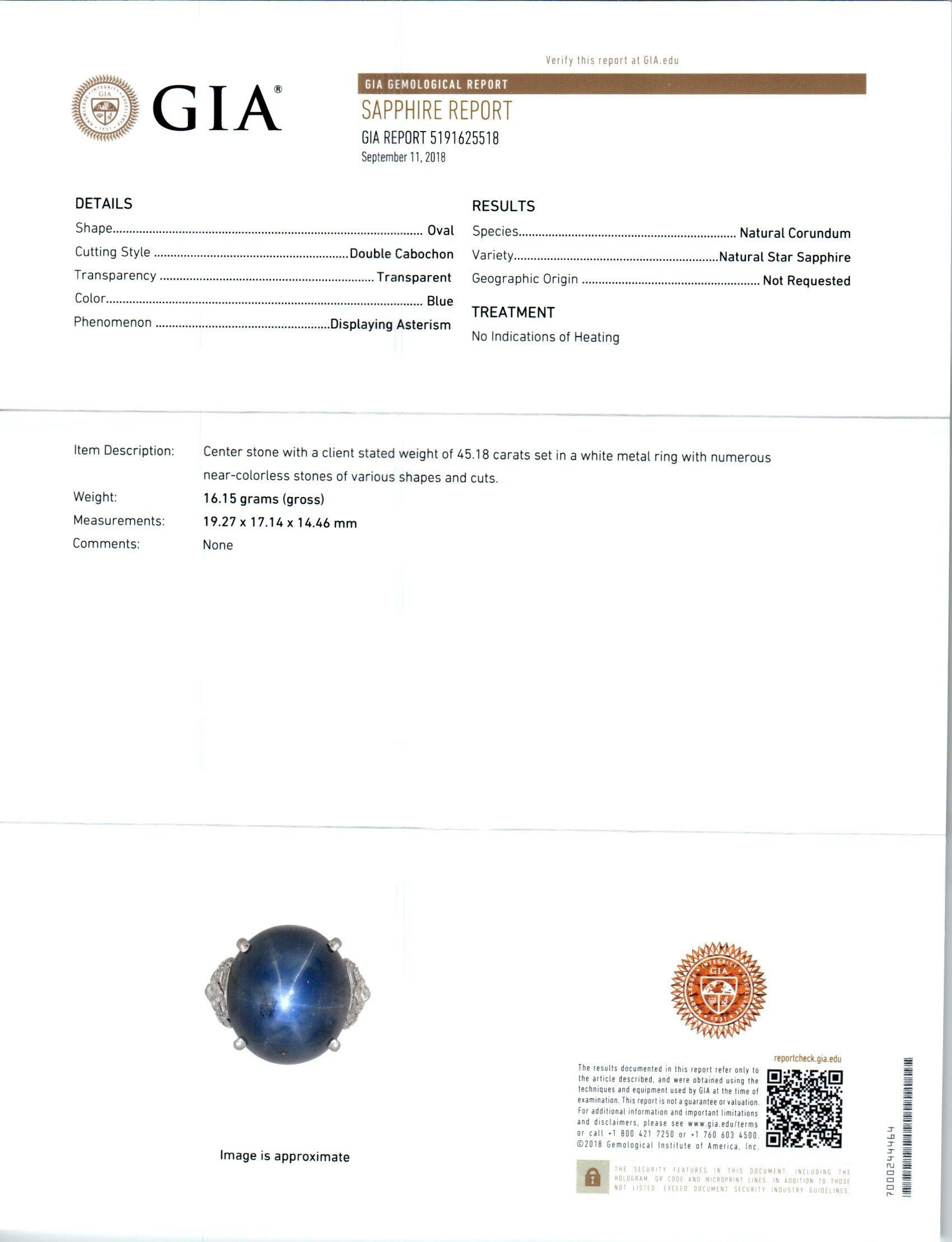 Platin-Cocktailring mit GIA-zertifiziertem 45,18 Karat Sternsaphir und Diamant im Angebot 3