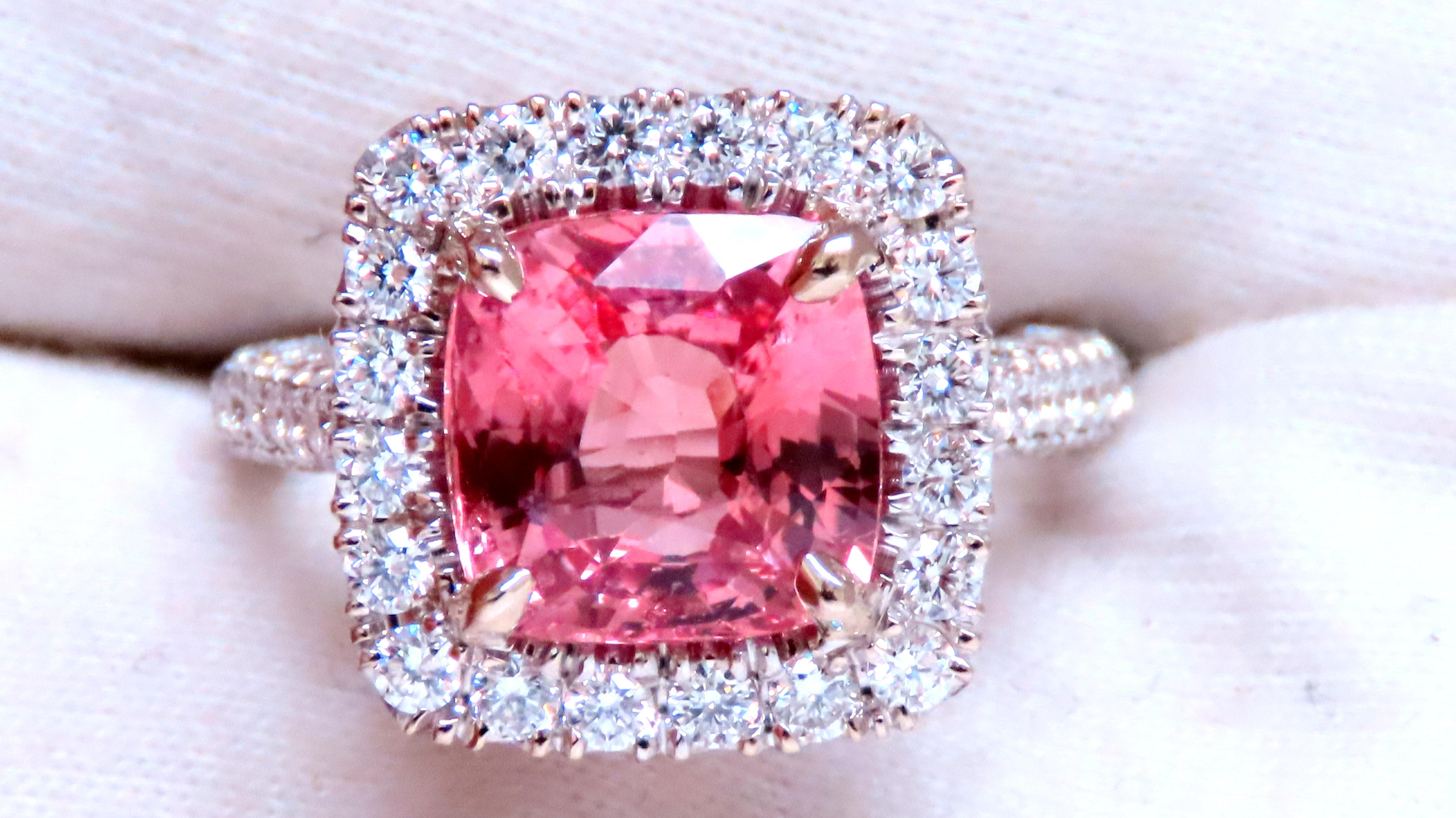 De las mujeres GIA Certificado 4.51ct Diamantes Naturales Padparadscha Anillo Oro 18kt Mod Halo 12625