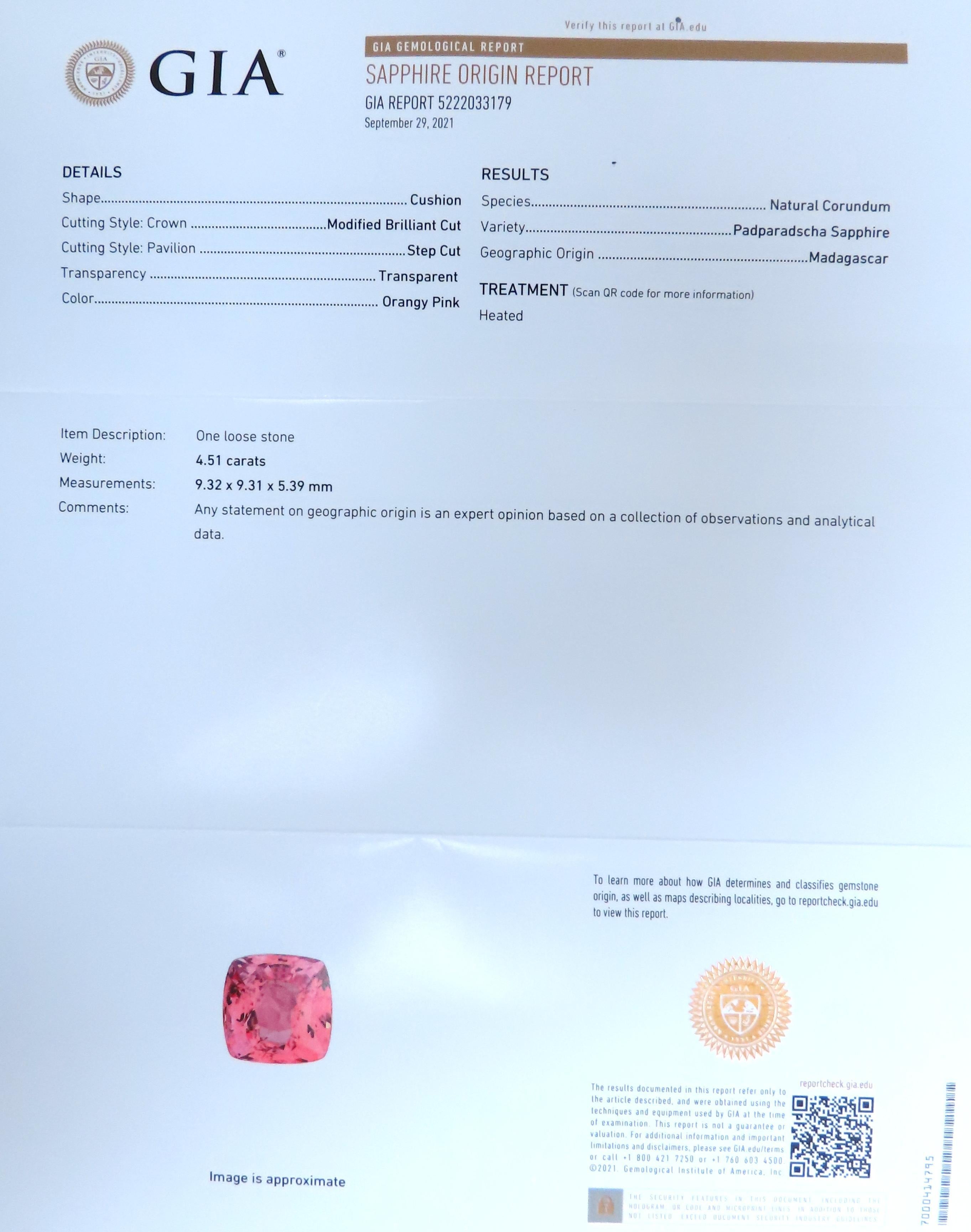 GIA Certificado 4.51ct Diamantes Naturales Padparadscha Anillo Oro 18kt Mod Halo 12625 1