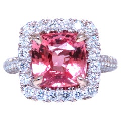 GIA Certificado 4.51ct Diamantes Naturales Padparadscha Anillo Oro 18kt Mod Halo12625*