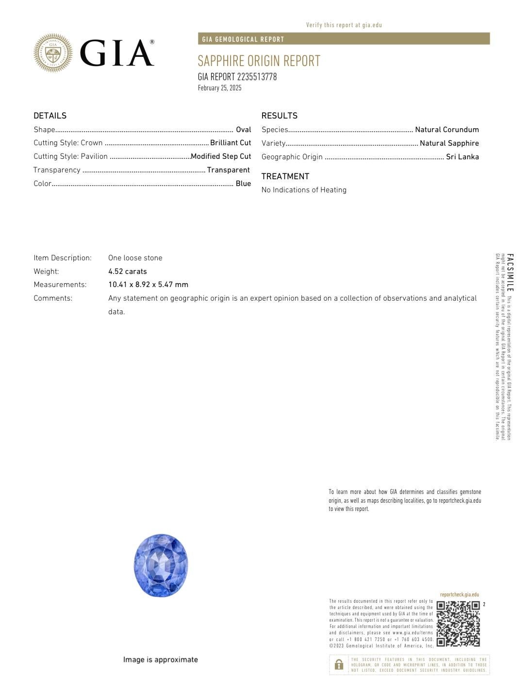 GIA Certified 4.52ct Unheated Ceylon Blue Sapphire For Sale 3