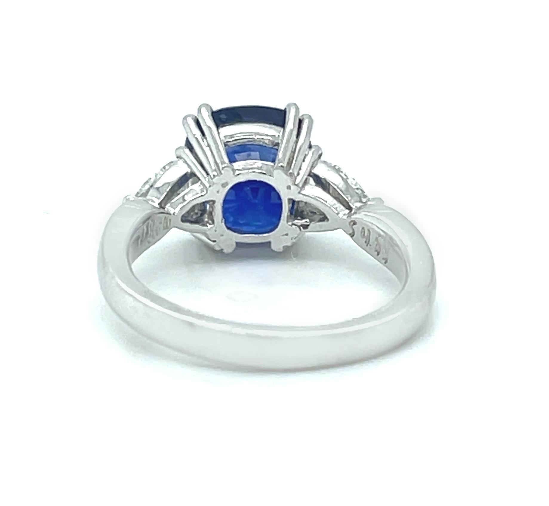 Cushion Cut GIA Certified 4.53 Carat Blue Sapphire and Diamond Engagement Ring in Platinum  For Sale