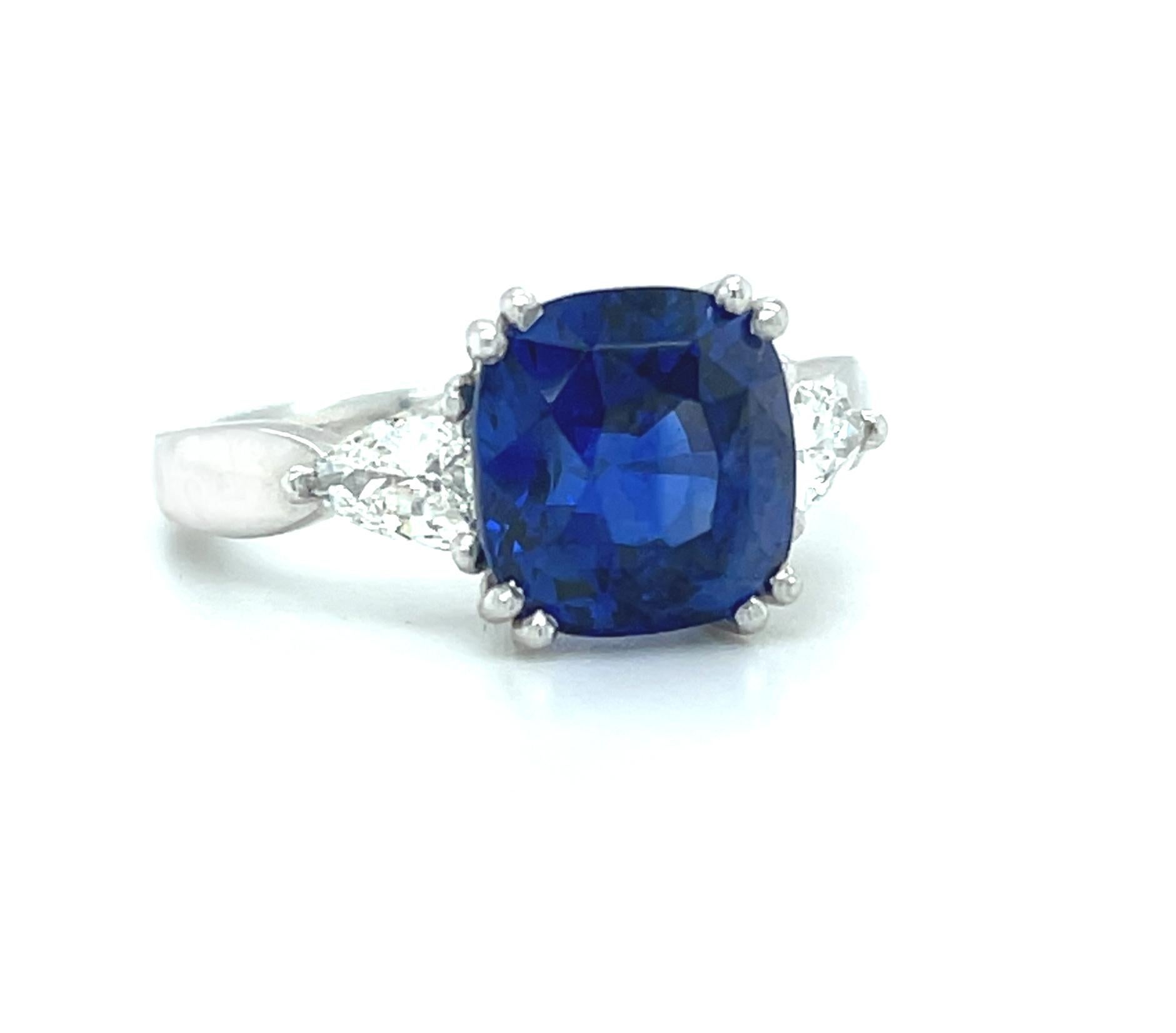 Cushion Cut GIA Certified 4.53 Carat Blue Sapphire and Diamond Engagement Ring in Platinum For Sale