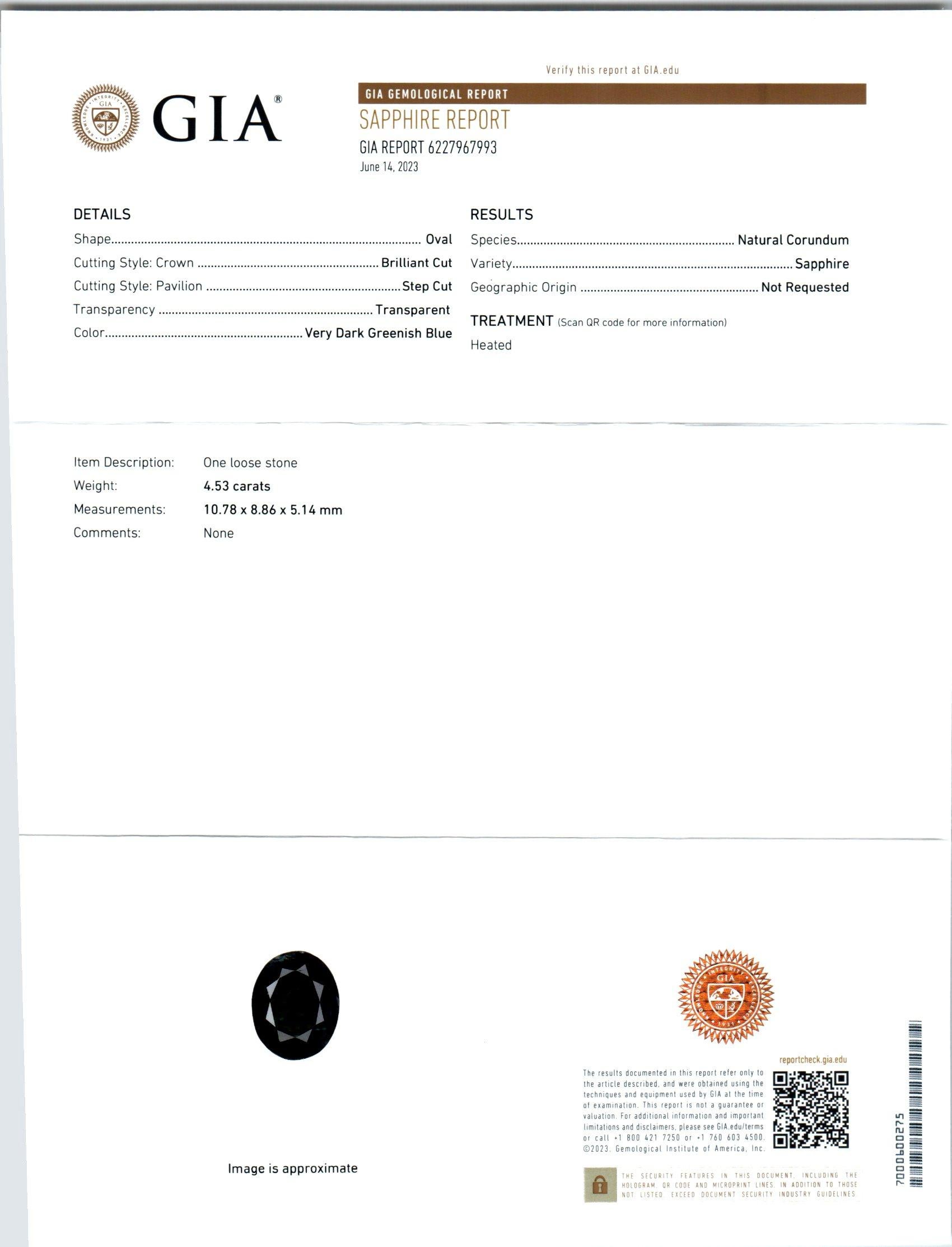 Verlobungsring mit GIA-zertifiziertem 4,53 Karat grünblauem Saphir aus Gelbgold im Zustand „Gut“ im Angebot in Stamford, CT