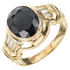 Retro GIA Certified 4.53 Carat Greenish Blue Sapphire Yellow Gold Engagement Ring