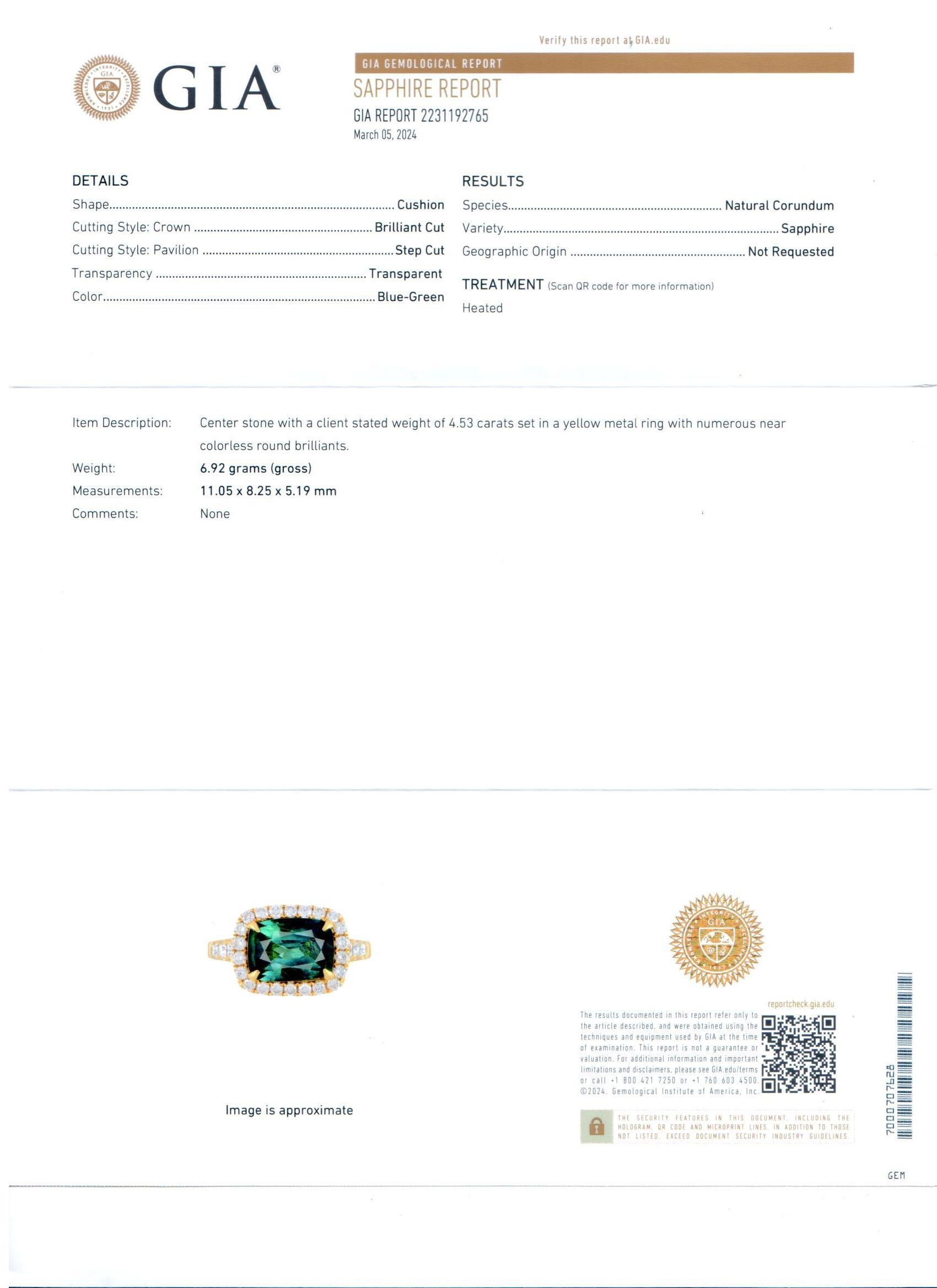 Bague en or jaune 18 carats certifiée GIA de 4,53 ct de saphir vert en forme de coussin et pavé de diamants  en vente 7