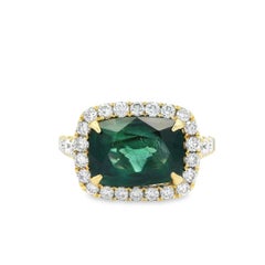 GIA Certified 4.53ct Green Sapphire Cushion & Diamond Pave 18K Yellow Gold Ring