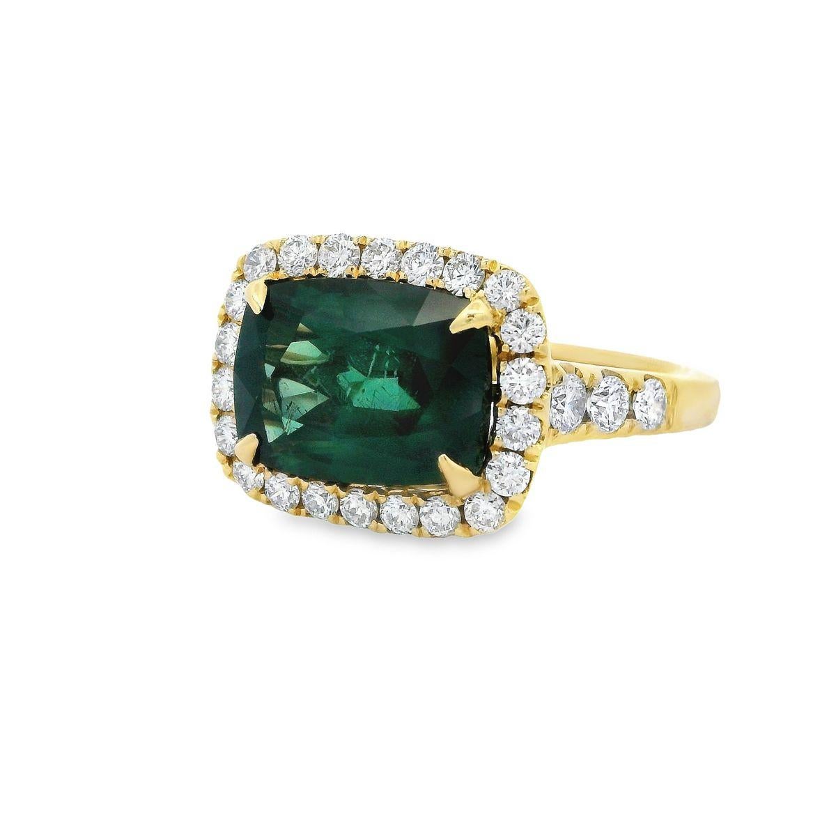 Cushion Cut GIA Certified 4.53ct Green Sapphire Cushion & Diamond Pave 18K Yellow Gold Ring  For Sale