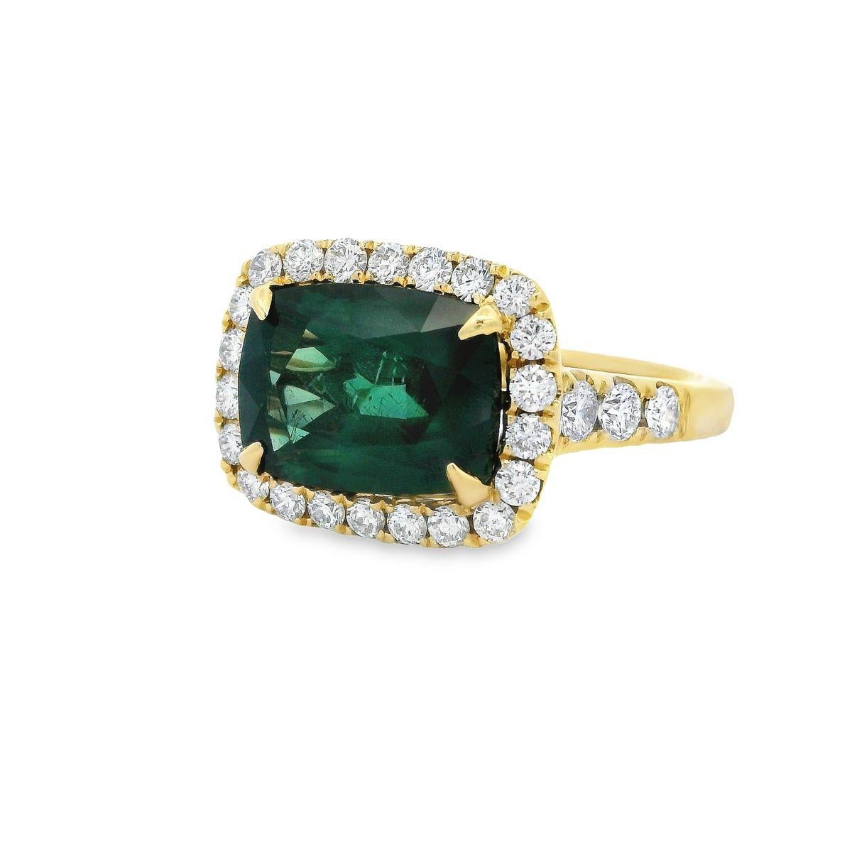 Cushion Cut GIA Certified 4.53ct Green Sapphire Cushion & Diamond Pave 18K Yellow Gold Ring For Sale