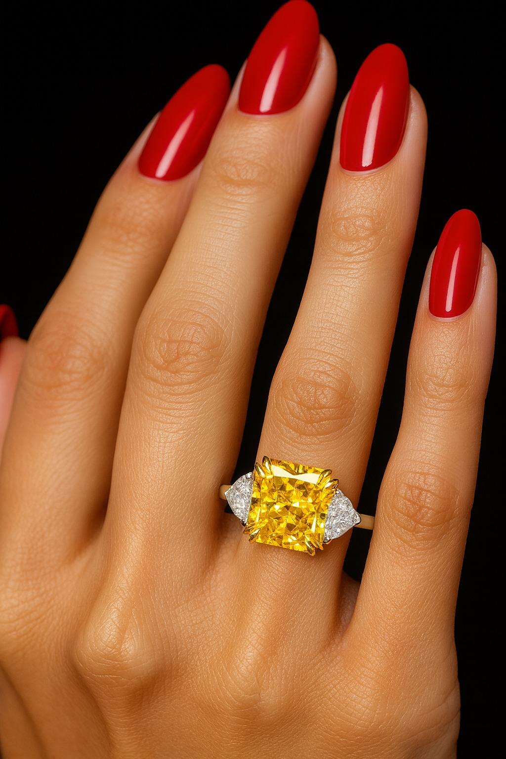 Contemporain GIA Certified 4.55 Carat Fancy Yellow VS1 Diamond Ring with Trillion Side en vente
