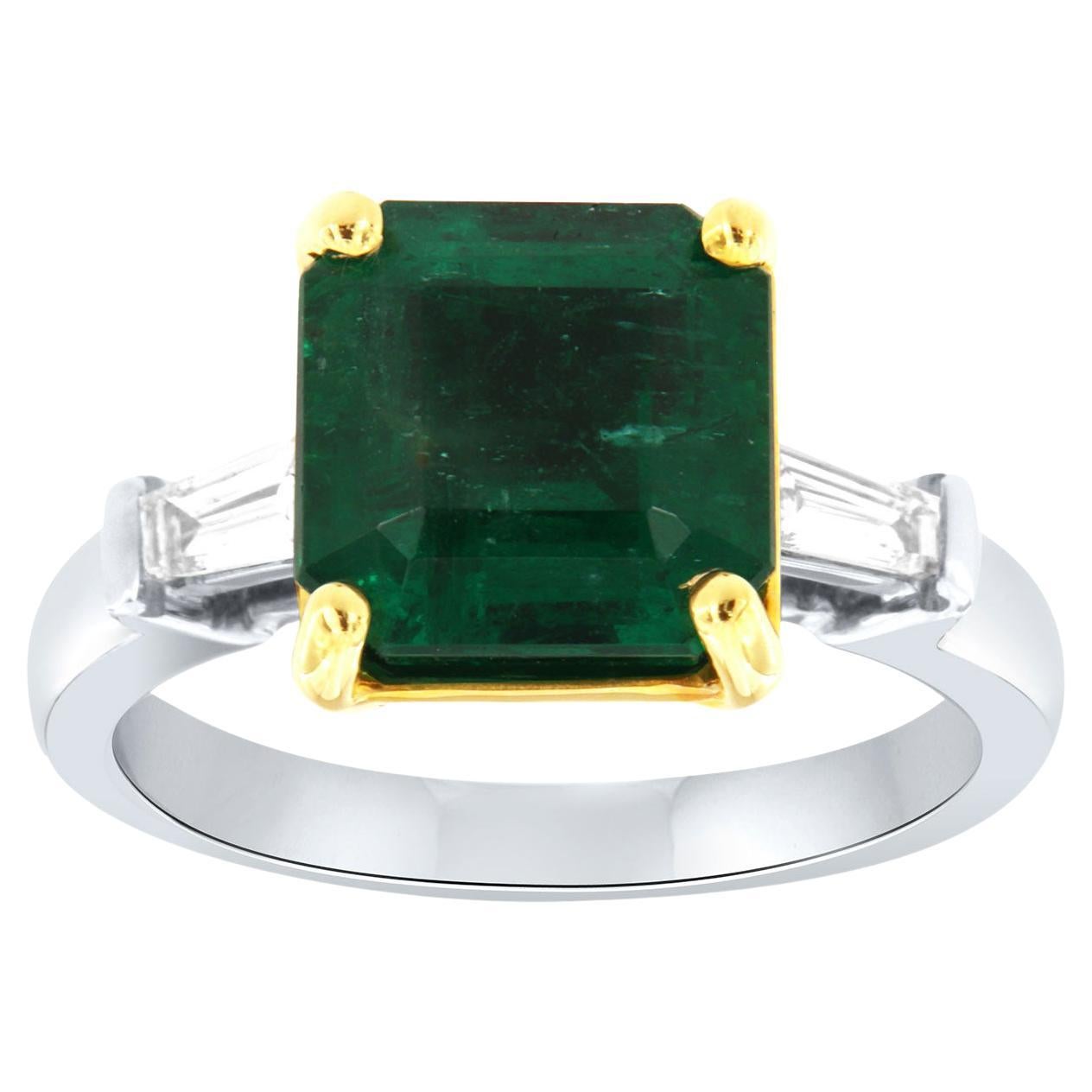 GIA Certified 4.55 Carat Green Emerald & Baguette Diamond Platinum & Yellow Ring For Sale