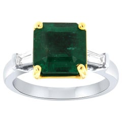 GIA Certified 4.55 Carat Green Emerald & Baguette Diamond Platinum & Yellow Ring