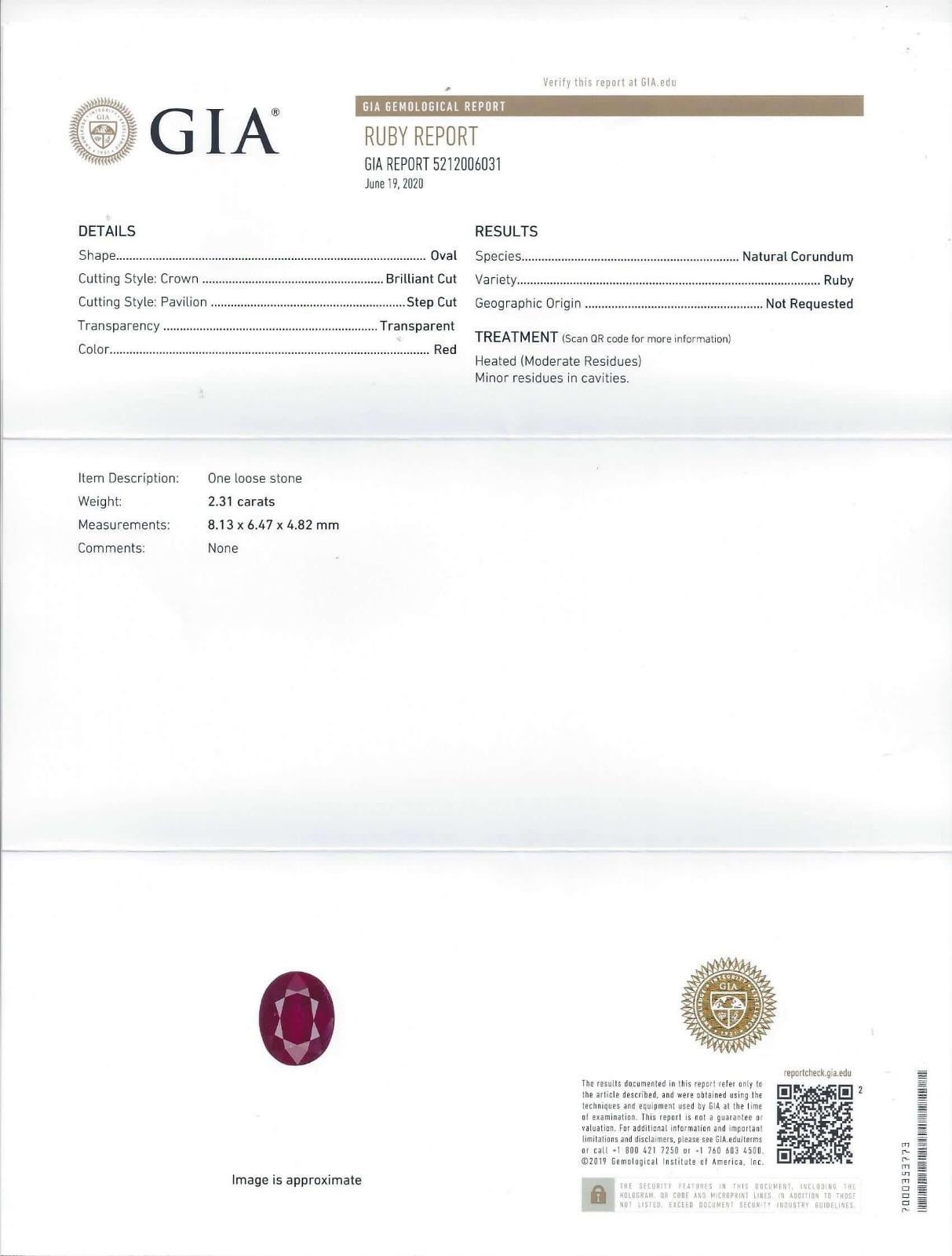 Amazing ovals are among the most desirable ruby cuts but are very rare because they yield the lowest carat weight from the rough. The color is a vibrant true red hue. The color is an excellent balance, very rich and saturated, and not overly deep.