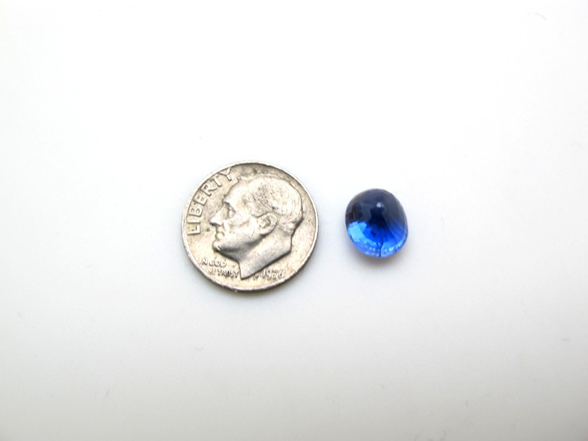 This sapphire is a beautiful, slightly violetish-blue color. It is very brilliant and free from inclusions. This gem measures 9.11 x 8.00 x 6.5mm, weighs 4.56 carats, and would make a stunning custom-made ring or pendant.. It is accompanied by