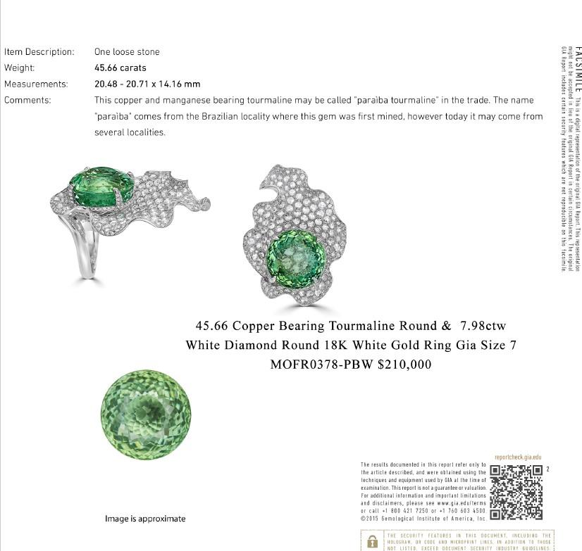 GIA Certified 45.66ct Copper Bearing Tourmaline & White Diamond, 18K Gold Ring  In New Condition For Sale In New York, NY