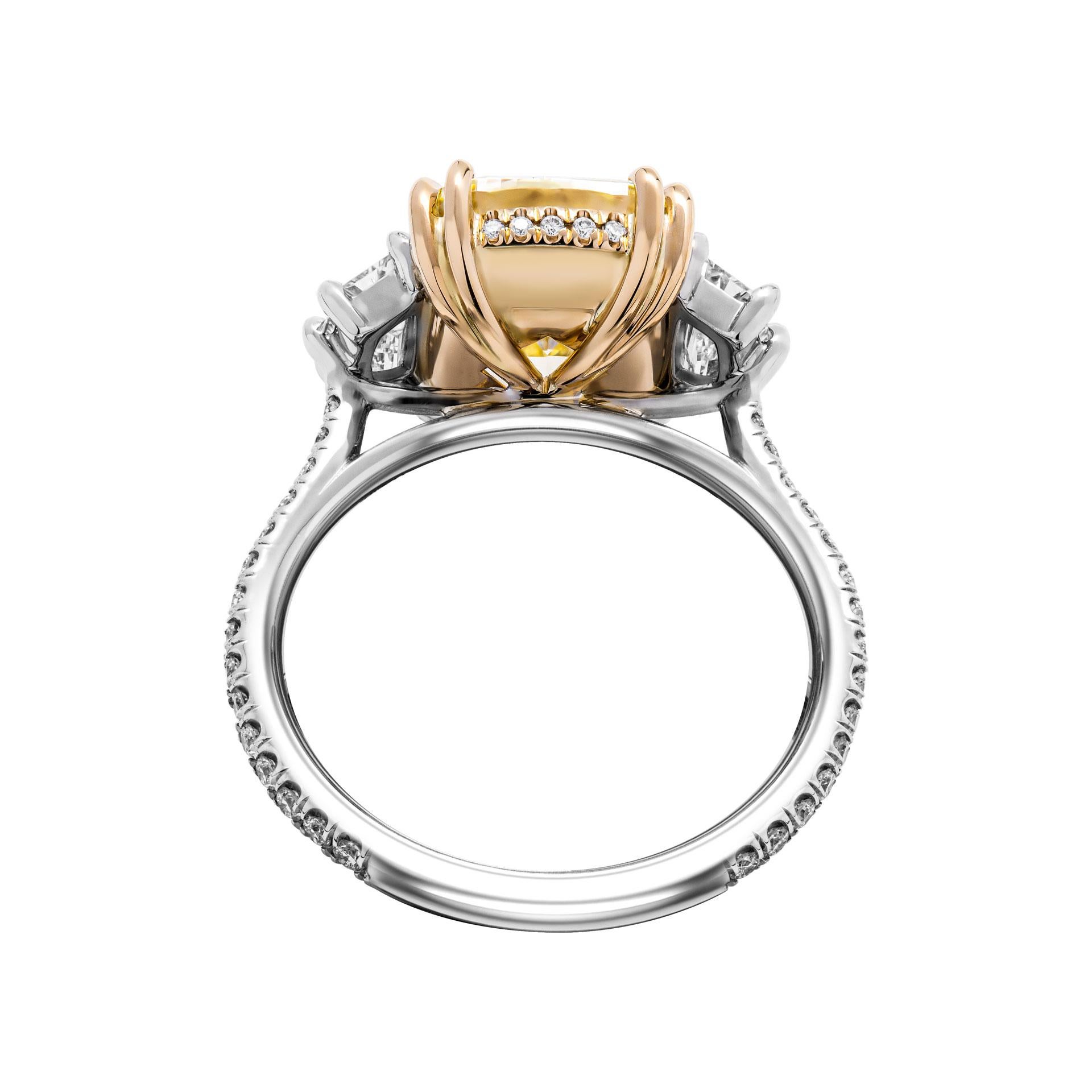 Modern GIA Certified 4.56ct Cushion Fancy Yellow Three-Stone Ring