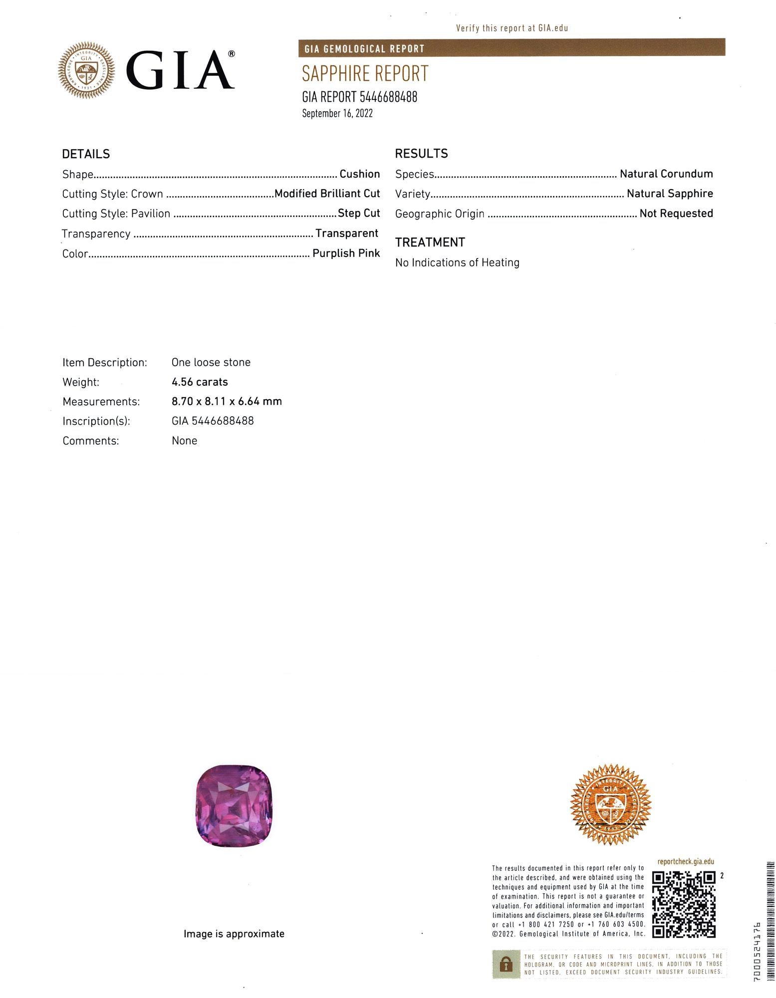 Contemporary GIA Certified 4.57 Ct. Pink Sapphire and Trapezoid cut diamonds ring