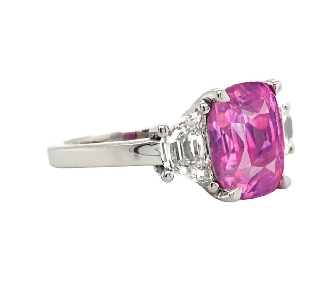 Cushion Cut GIA Certified 4.57 Ct. Pink Sapphire and Trapezoid cut diamonds ring