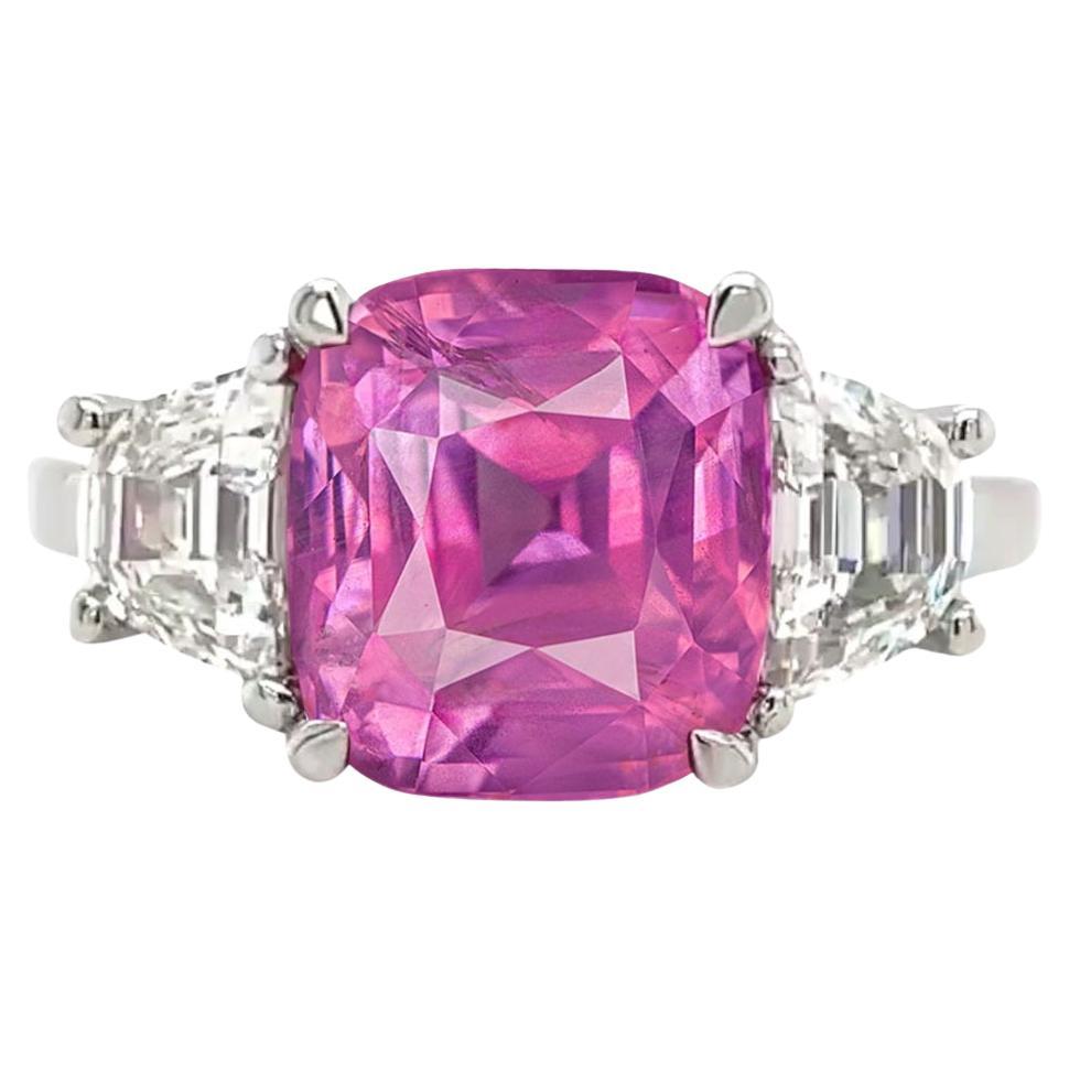 GIA Certified 4.57 Ct. Pink Sapphire and Trapezoid cut diamonds ring