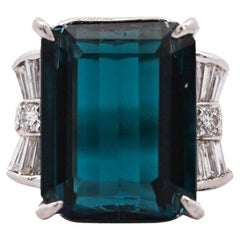 GIA Certified 4.58 Carat Emerald Cut Indicolite Tourmaline Diamond Platinum Ring