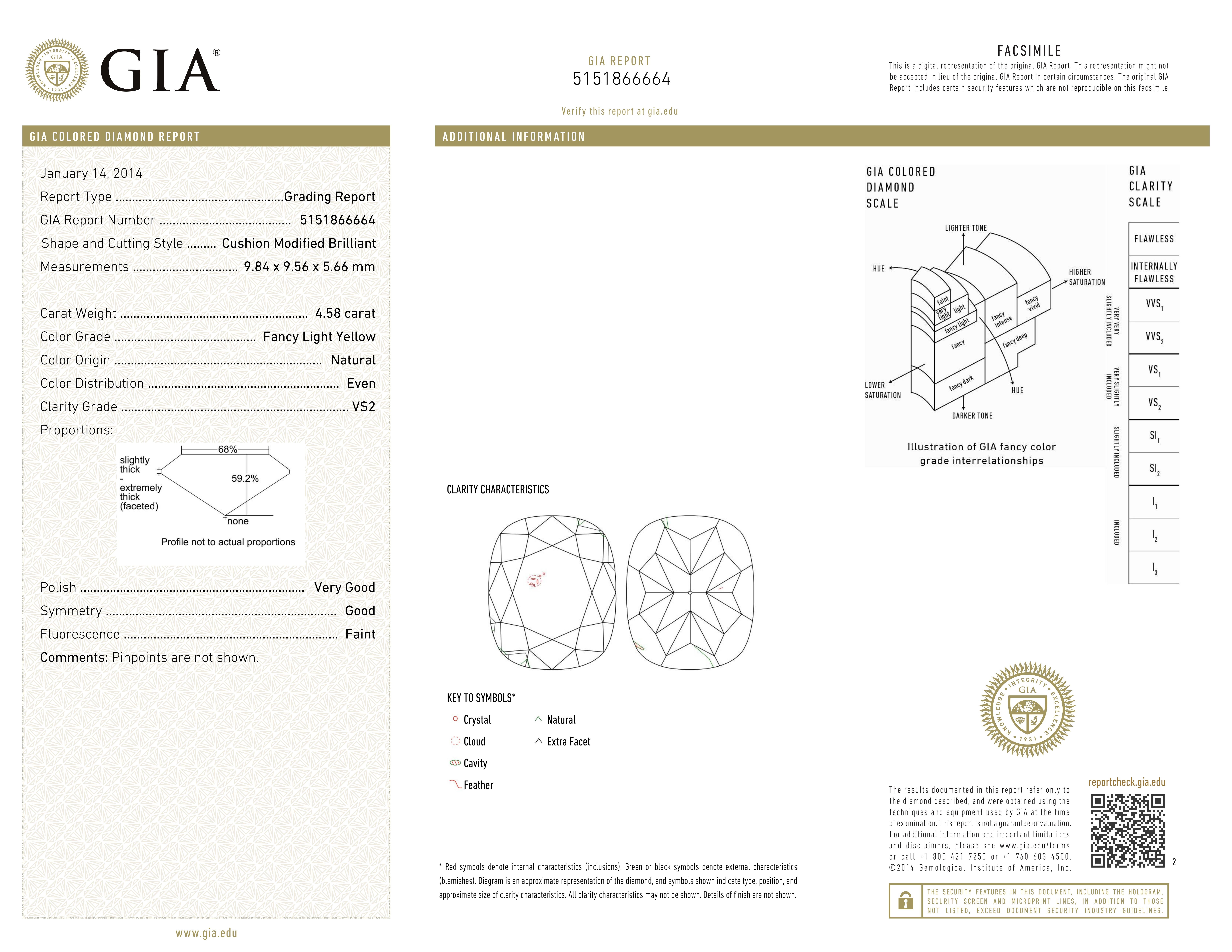 Certificado GIA 4.58 Ct. Anillo de compromiso de platino con diamante amarillo claro fantasía Corte cojín en venta